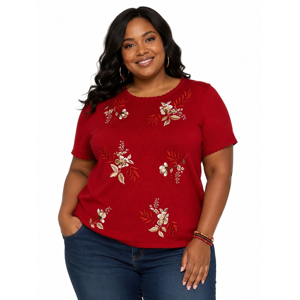 Alfred Dunner Womens Red Floral Embroidered Sequin Short‎ Sleeve Sweater Top 1X